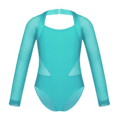 ranrann Girls Ballet Dance Cutout Back Long Sleeves Mesh Splice Gymnastics Leotard Tumblewear Turquoise 3-4
