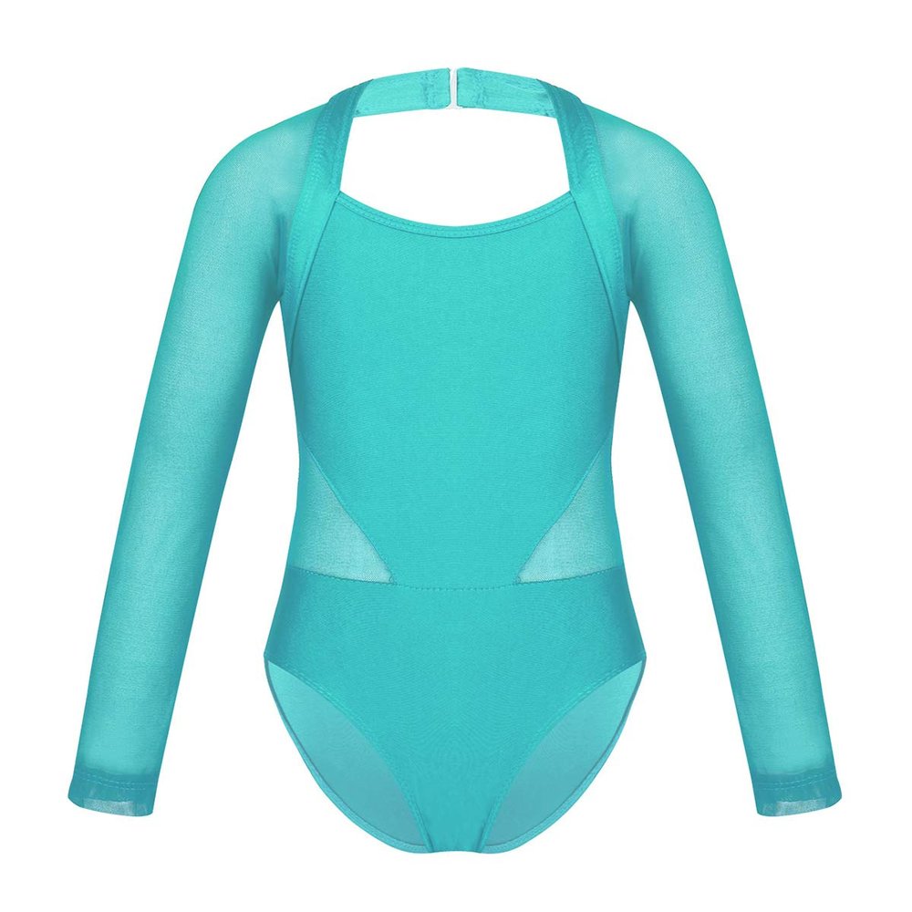 ranrann Girls Ballet Dance Cutout Back Long Sleeves Mesh Splice Gymnastics Leotard Tumblewear Turquoise 3-4