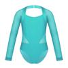 ranrann Girls Ballet Dance Cutout Back Long Sleeves Mesh Splice Gymnastics Leotard Tumblewear Turquoise 3-4 view 1