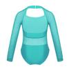 ranrann Girls Ballet Dance Cutout Back Long Sleeves Mesh Splice Gymnastics Leotard Tumblewear Turquoise 3-4 view 2