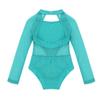 ranrann Girls Ballet Dance Cutout Back Long Sleeves Mesh Splice Gymnastics Leotard Tumblewear Turquoise 3-4 view 3