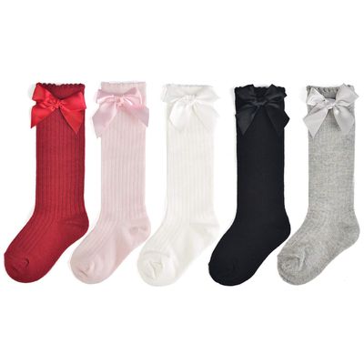 EPEIUS 5 Pairs Little Girls Cotton Bow Uniform Knee High Socks Kids Girls Tube Ruffled Stockings for 2-3 Years,Black/White/Grey/Baby Pink/Wine Red