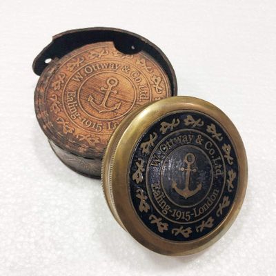 Antique Nautical W Ottway & Co. Ltd. Compass 3" Brass Navigation Pocket Compass with Leather Case