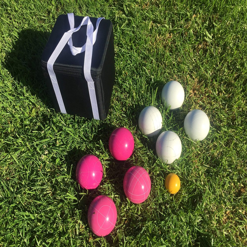 BuyBocceBalls Listing - Unique Bocce Set - 107mm with Pink and White Balls, Black Bag