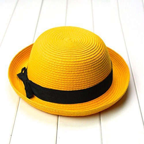 Fashion Women's Girls Bowknot Roll-up Wide Brim Dome Straw Summer Sun Hat Bowler Beach Cap (Yellow)