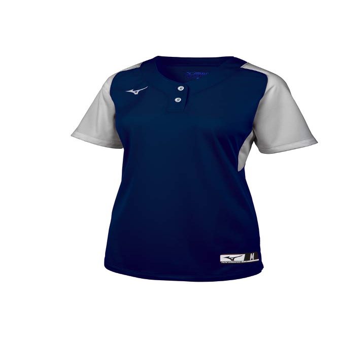 Mizuno Youth Aerolite 2-Button Fastpitch Softball Jersey, Navy-Grey, Large