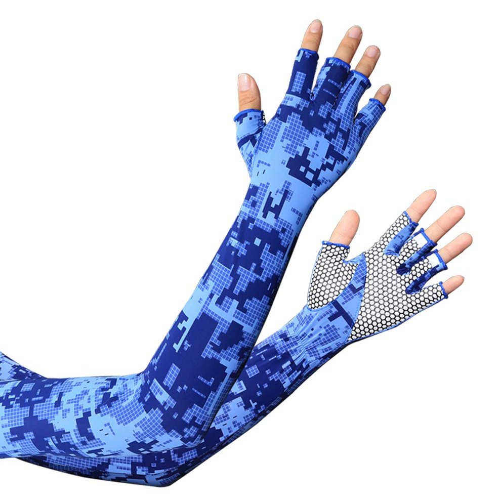 HODORPOWER UV Protection Gloved Arm Sleeves for Men & Women Cycling Ice Arm Sleeve Fingerless Sun Compression Long Arm Cover, Blue Camouflage, One Size