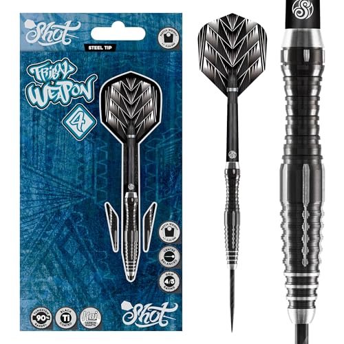 Shot Darts Tribal Weapon 4 Steel Tip Dart Set (22g/24g/26g) | 90% Tungsten Barrels | Center Balanced with Precision Grips | Handcrafted Pro Darts with Flights | Metal Tips | Made in New Zealand