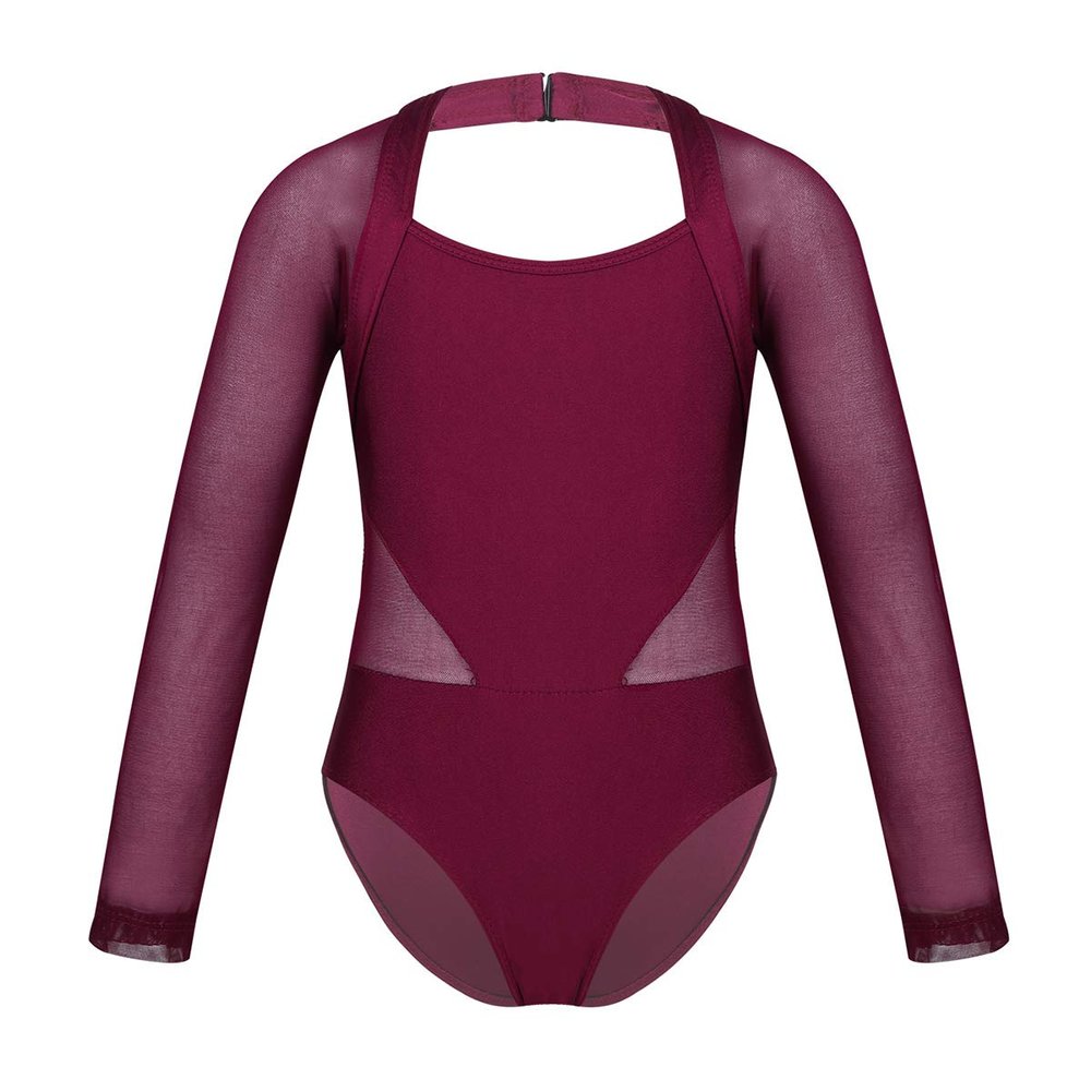 ranrann Girls Ballet Dance Cutout Back Long Sleeves Mesh Splice Gymnastics Leotard Tumblewear Burgundy 3-4