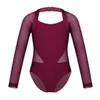 ranrann Girls Ballet Dance Cutout Back Long Sleeves Mesh Splice Gymnastics Leotard Tumblewear Burgundy 3-4 view 1