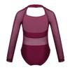 ranrann Girls Ballet Dance Cutout Back Long Sleeves Mesh Splice Gymnastics Leotard Tumblewear Burgundy 3-4 view 2