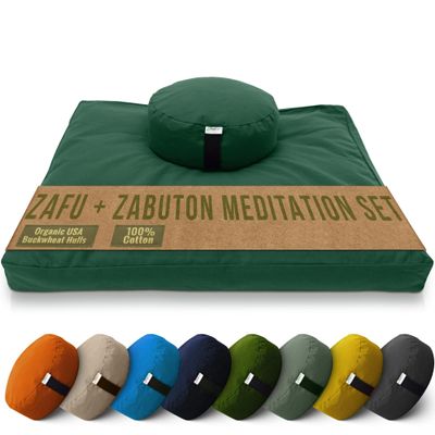 Meditation Cushion Mat Set - ROUND Zafu Floor Pillow Organic Buckwheat Pillow + Cotton Filled Zabuton Prayer Pad - Meditation Pillow Yoga Knee Pad - Made in USA - 14" Round, FOREST GREEN Cotton