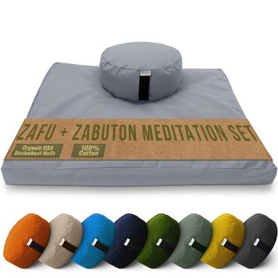 Meditation Cushion Mat Set - ROUND Zafu Floor Pillow Organic Buckwheat Pillow + Cotton Filled Zabuton Prayer Pad - Meditation Pillow Yoga Knee Pad - Made in USA - 14" Round, STONE GRAY Cotton