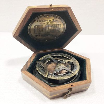 Antique Nautical Round Sundial Engrave Gilbert & Sons London Compass 3" Brass Navigation Compass with Wooden Box