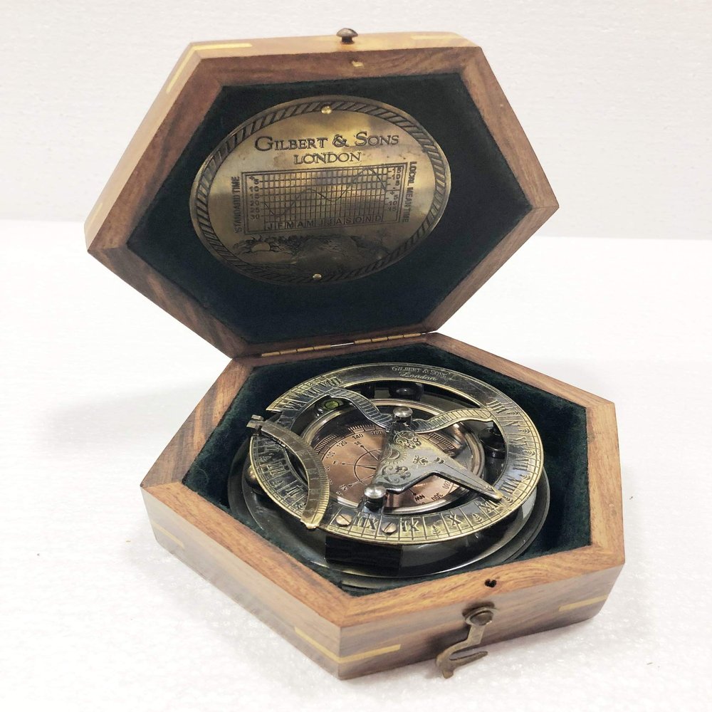 Antique Nautical Round Sundial Engrave Gilbert & Sons London Compass 3" Brass Navigation Compass with Wooden Box