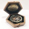 Antique Nautical Round Sundial Engrave Gilbert & Sons London Compass 3" Brass Navigation Compass with Wooden Box view 1