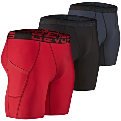 DEVOPS Men's Compression Shorts Underwear with Pocket (3 Pack) (Large, Black/Charcoal/Red)