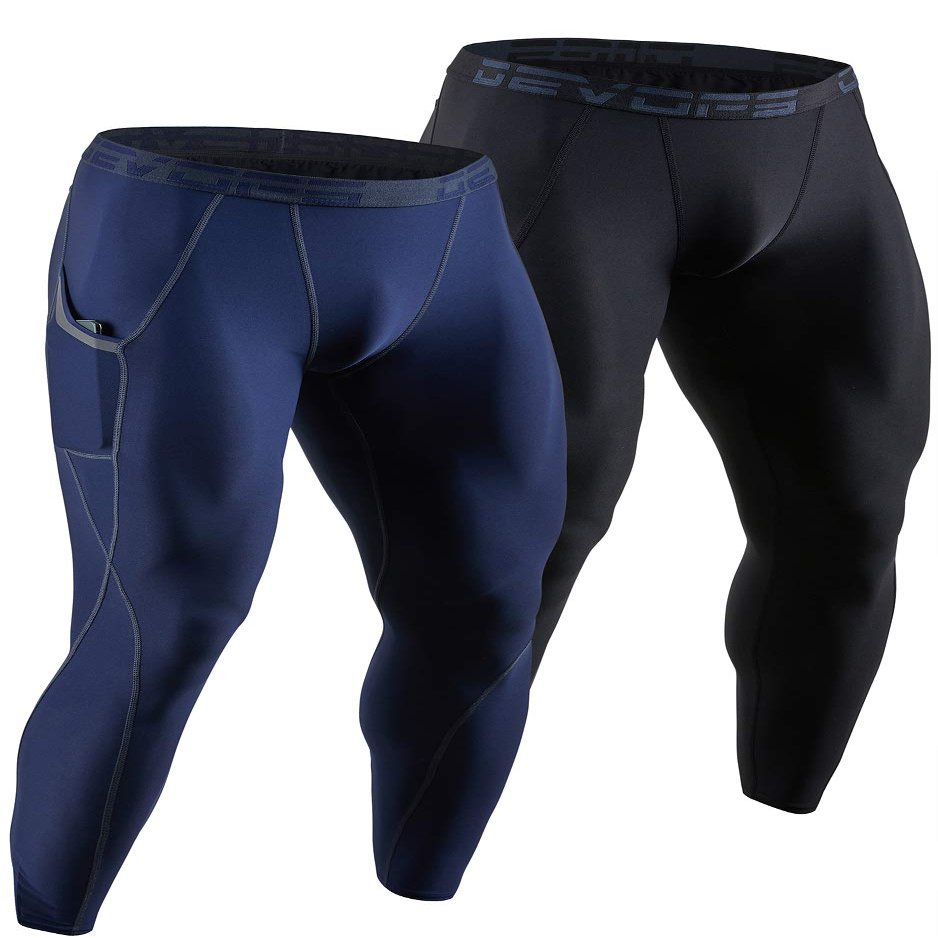 DEVOPS 2 Pack Men's Compression Pants Athletic Leggings with Pocket (Small, Black/Navy)
