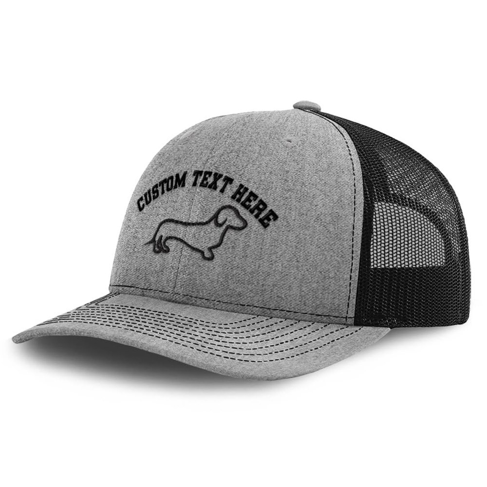 Custom Richardson Trucker Hat Dachshund Dog Outl Black Silhouette Sew Polyester Mesh Baseball Cap Snaps Heather Gray/Black Personalized Text Here