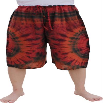 RaanPahMuang Pullstring Short Tie Dye Pants Rayon Fabric, Medium-Large, Burgundy/Dark Orange/Multi-Coloured