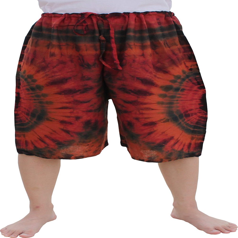 RaanPahMuang Pullstring Short Tie Dye Pants Rayon Fabric, Medium-Large, Burgundy/Dark Orange/Multi-Coloured