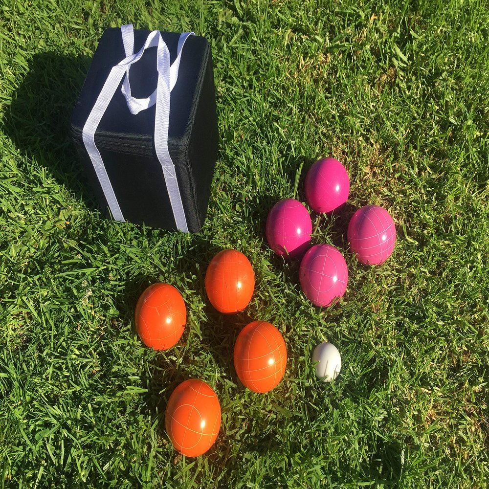 BuyBocceBalls Listing - Unique Bocce Set - 107mm with Orange and Pink Balls, Black Bag