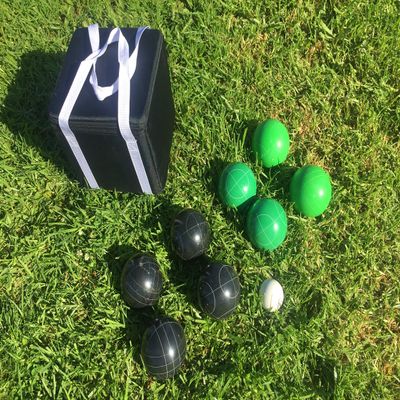 BuyBocceBalls Listing - Unique Bocce Set - 107mm with Green and Black Balls, Black Bag