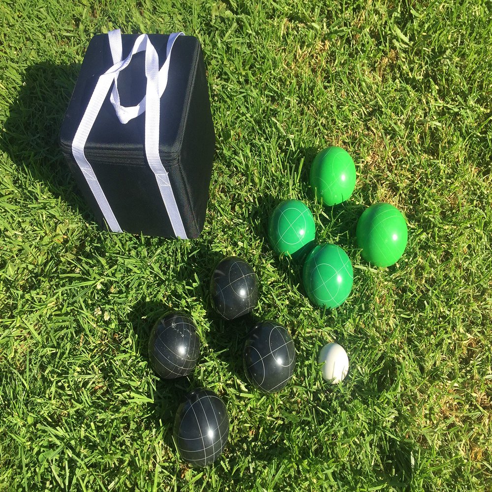 BuyBocceBalls Listing - Unique Bocce Set - 107mm with Green and Black Balls, Black Bag