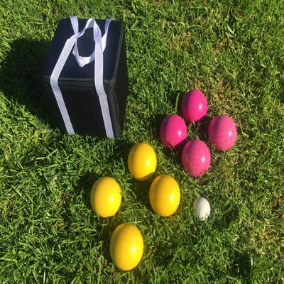 BuyBocceBalls Listing - Unique Bocce Set - 107mm with Pink and Yellow Balls, Black Bag