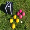 BuyBocceBalls Listing - Unique Bocce Set - 107mm with Pink and Yellow Balls, Black Bag view 1