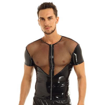 Alvivi Men's Fishnet See-Through Zipper Muscle Shirts Short Sleeve PVC Leather Tank Top Blouse Black XX-Large