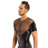 Alvivi Men's Fishnet See-Through Zipper Muscle Shirts Short Sleeve PVC Leather Tank Top Blouse Black XX-Large view 3