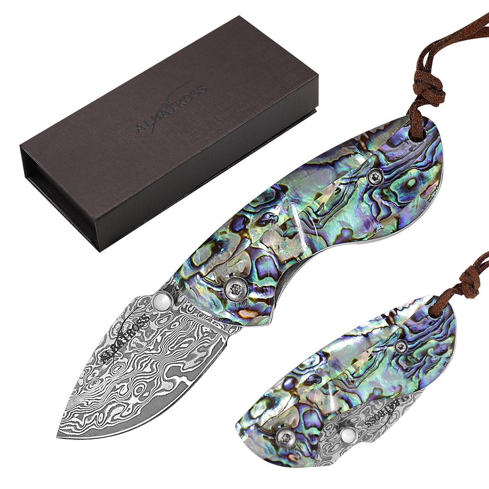 Valentines Day & Birthday Gift for Him - Premium Mini Pocket Folding Knife for Husband, Boyfriend, Father - Smooth Manual Opening, Abalone Shell Handle, Damascus Steel Blade, Luxury Gift Box