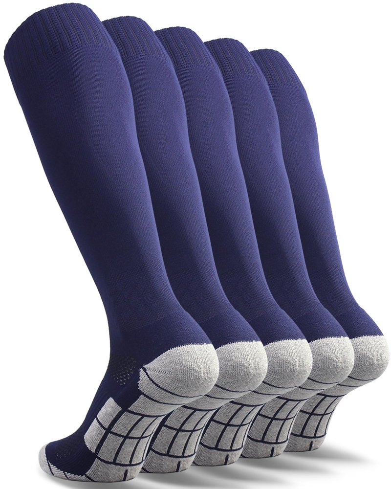 CWVLC Boy's Soccer Socks 5 Pairs Youth Baseball Sport Team Athletic Knee High Long Tube Cotton Compression Socks Navy Blue Small (3Y-5Y Youth/ 4-6 Women)
