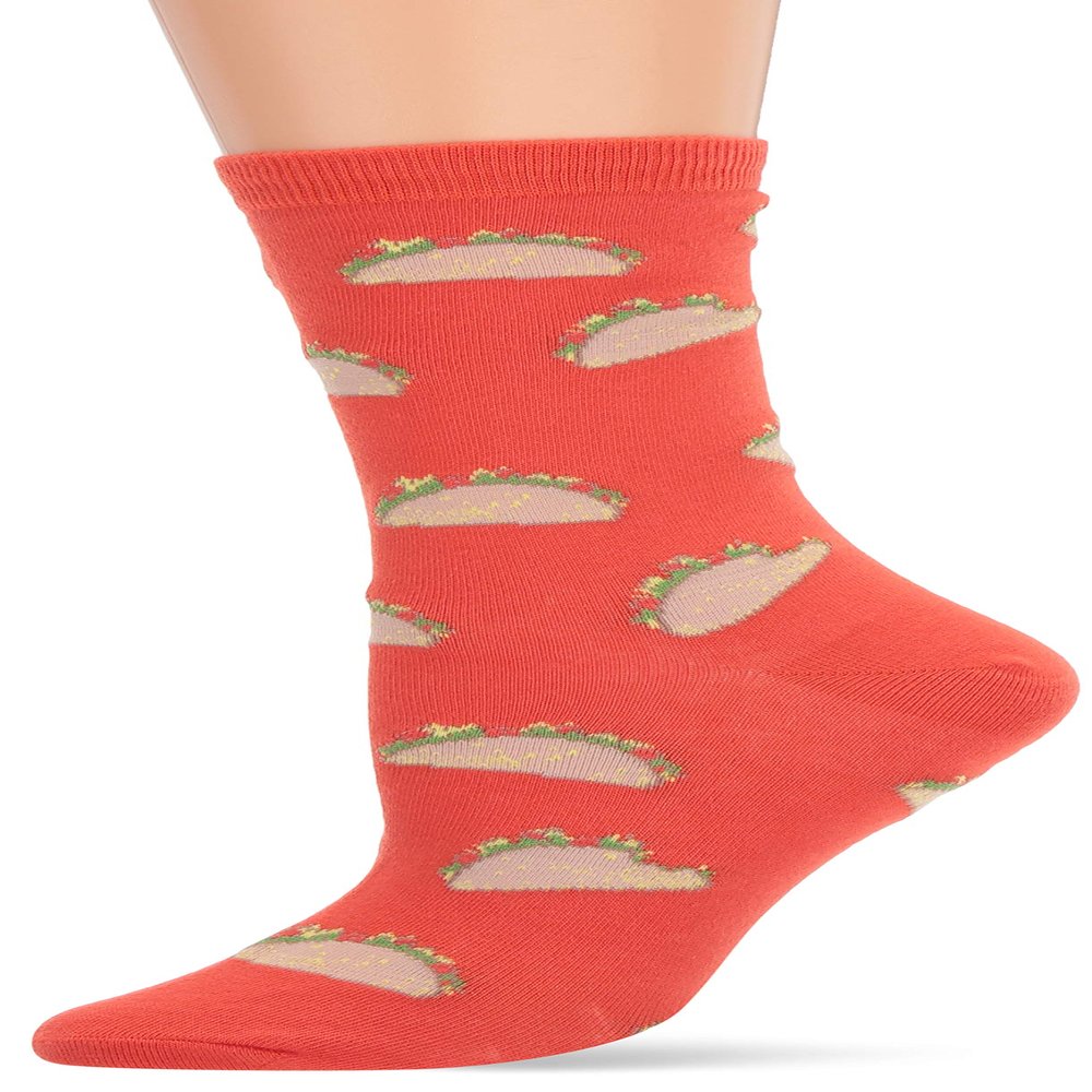 K. Bell Socks Women's Food & Drink Novelty Casual Crew Socks, Tacos (red), Shoe Size: 4-10