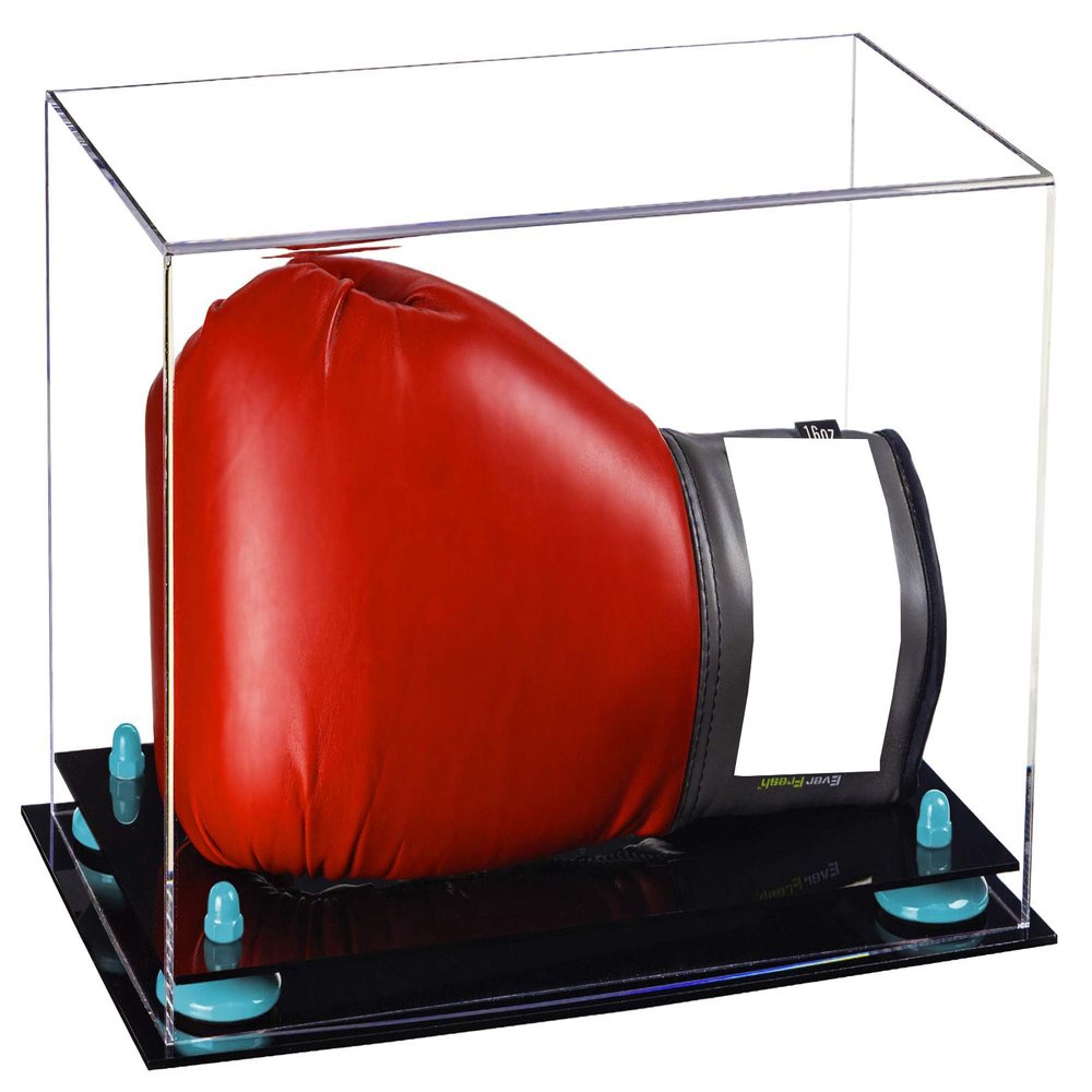 Better Display Cases Clear Acrylic Single or Double Boxing Glove Display Case with Light Blue Risers (A011-BLR)