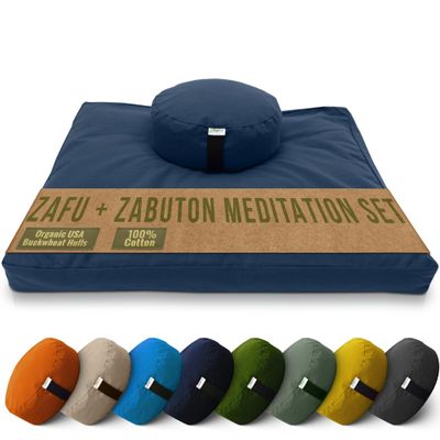 Meditation Cushion Mat Set - Large Round Zafu Floor Pillow Organic Buckwheat Pillow + Cotton Filled Zabuton Prayer Pad - Meditation Pillow Yoga Knee Pad - Made in USA - 14" Round, NAVY Cotton
