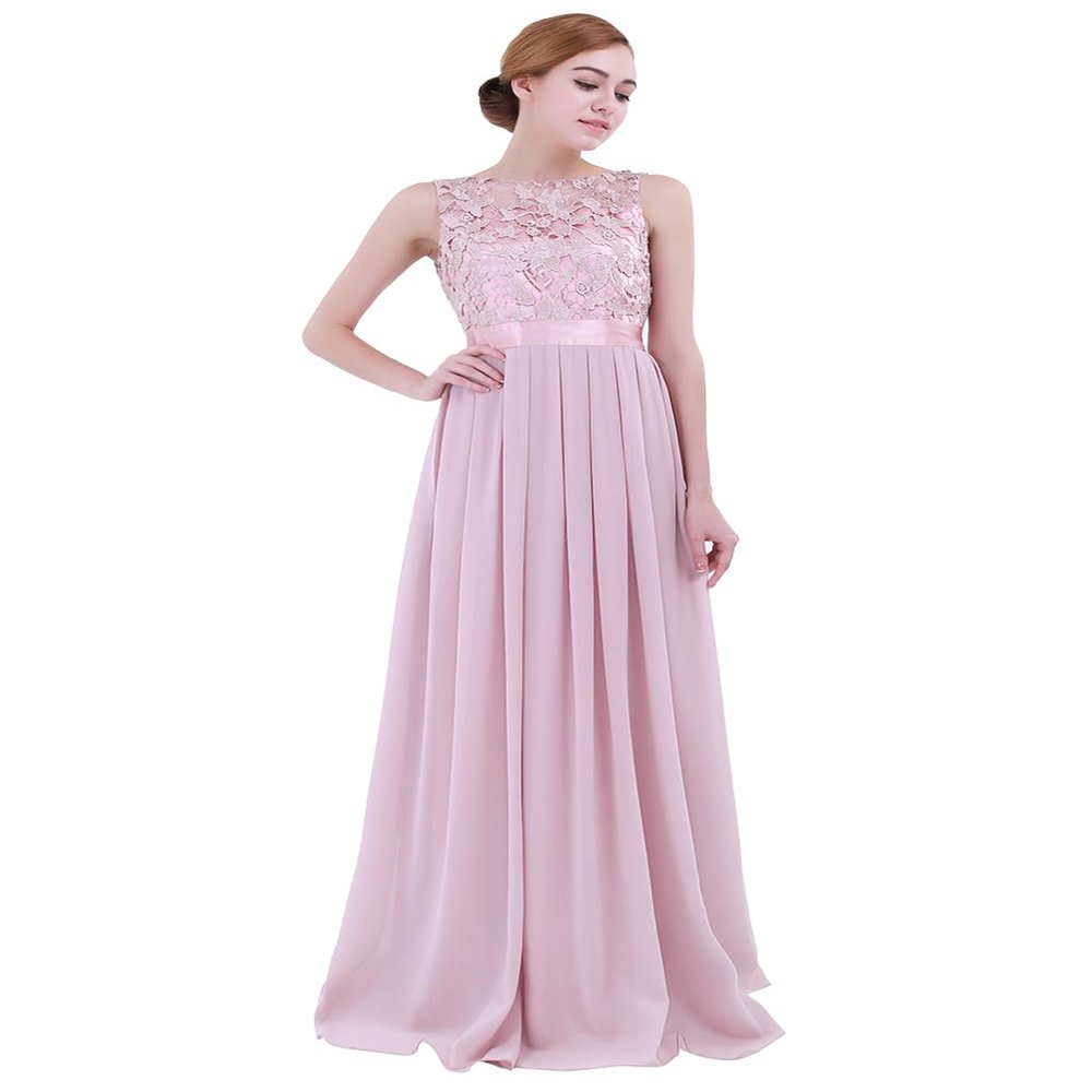 winying Womens Embroidered Chiffon Wedding Bridesmaid Maxi Dress Crochet Floral Lace Long Evening Prom Gown Dusty Rose 12