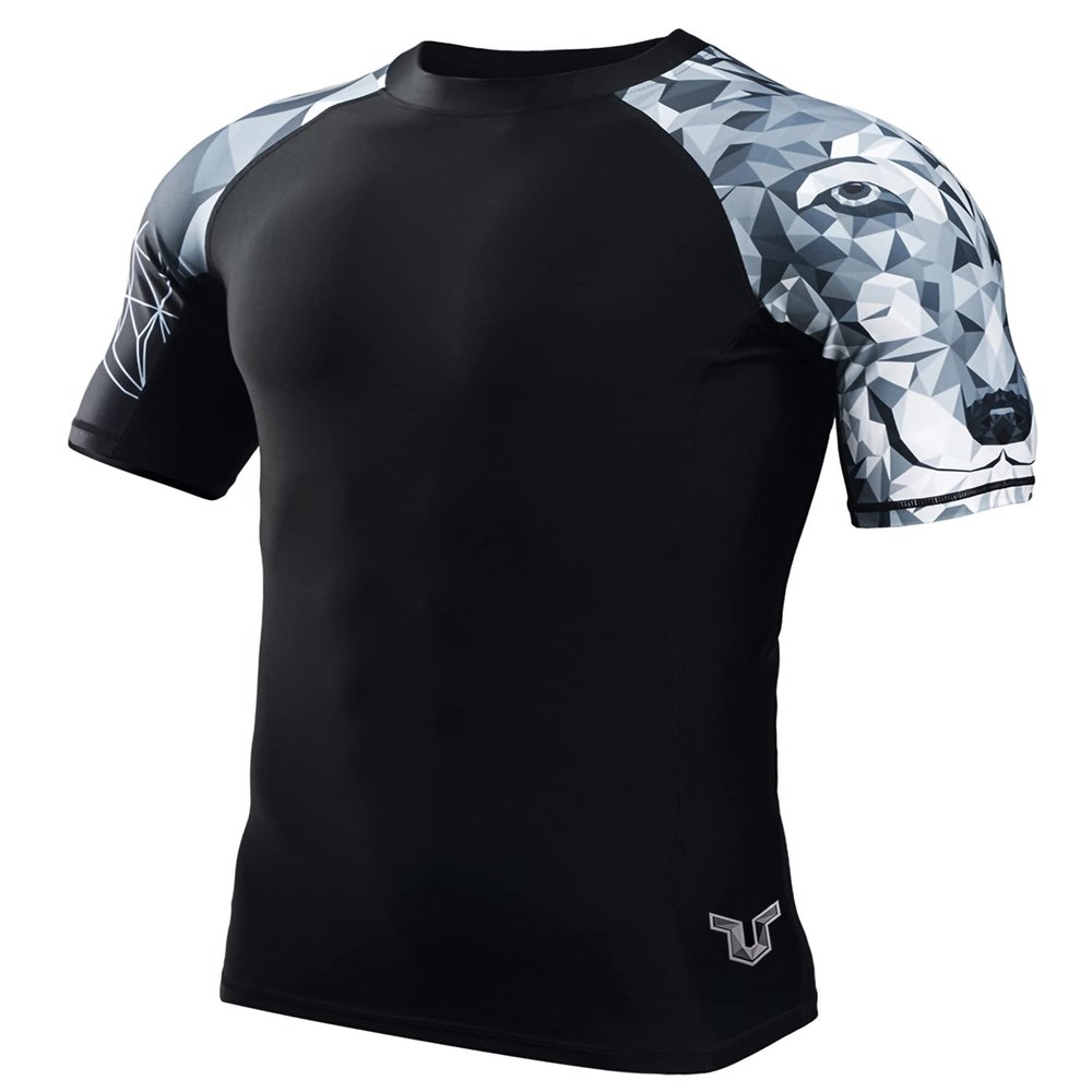 Men's Splice UV Sun Protection UPF 50+ Skins Rash Guard Short Sleeves(Wolf,2XL)
