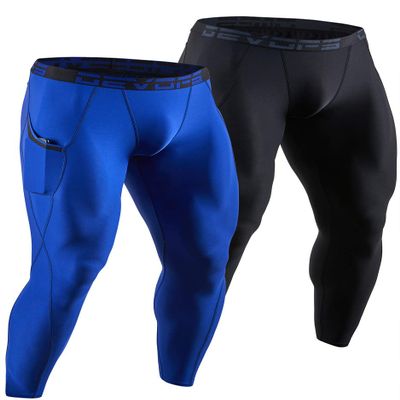 DEVOPS 2 Pack Men's Compression Pants Athletic Leggings with Pocket (2X-Large, Black/Blue)