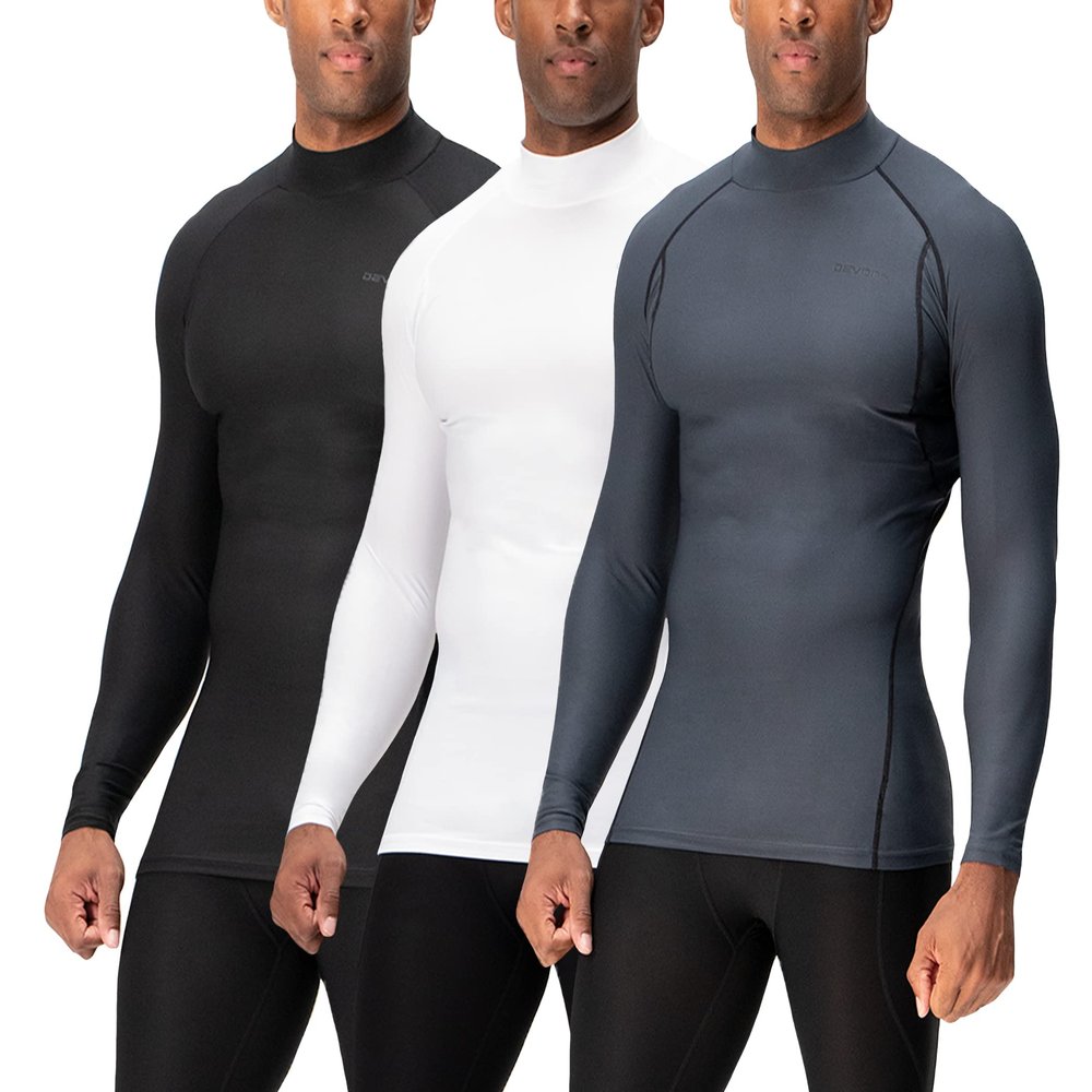 DEVOPS 3 Pack Men's Athletic Turtle Neck Long Sleeve Compression Shirts (Small, Black/Charcoal/White)