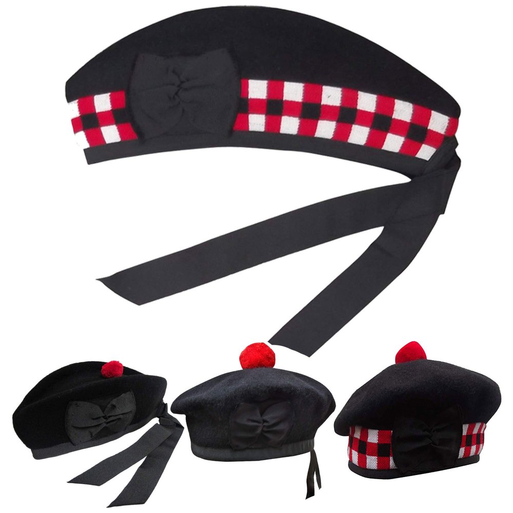 AAR Men's Scottish Glengarry Balmoral Kilt Hats Diced & Plain 100% Wool Piper 52-62 Diced Black Glengarry, 56cm (7)