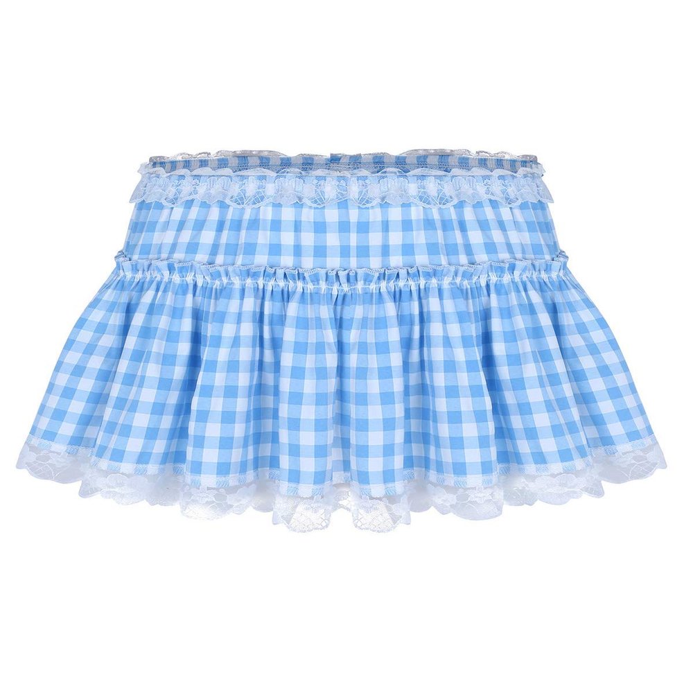 iiniim Women Girls Frilly Lace Micro Mini Plaid Skirt Ruffled Pleated Miniskirt Sissy Crossdress Lingerie Light Blue X-Large
