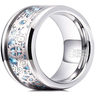 THREE KEYS JEWELRY Mens Gear Tungsten Carbide Unisex Wedding Bands Rings for Men 6mm Comfort Fit Vintage Punk Mechanical Foil Stone Meteorite Inlay Blue Silver Size 9.5