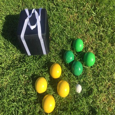BuyBocceBalls Listing - Unique Bocce Set - 107mm with Green and Yellow Balls, Black Bag