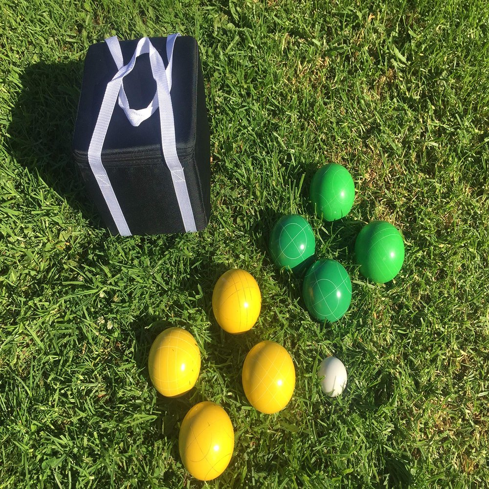 BuyBocceBalls Listing - Unique Bocce Set - 107mm with Green and Yellow Balls, Black Bag