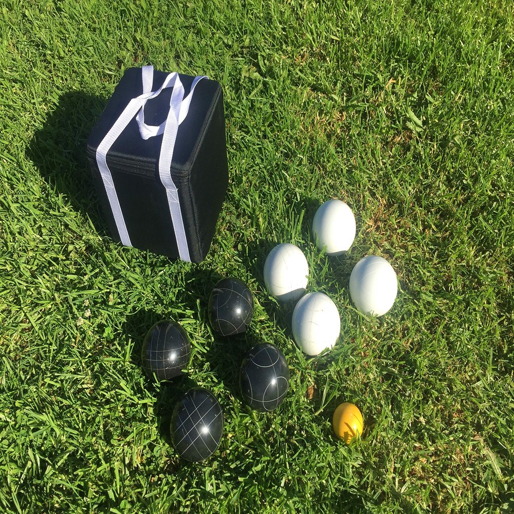 BuyBocceBalls Listing - Unique Bocce Set - 107mm with Black and White Balls, Black Bag