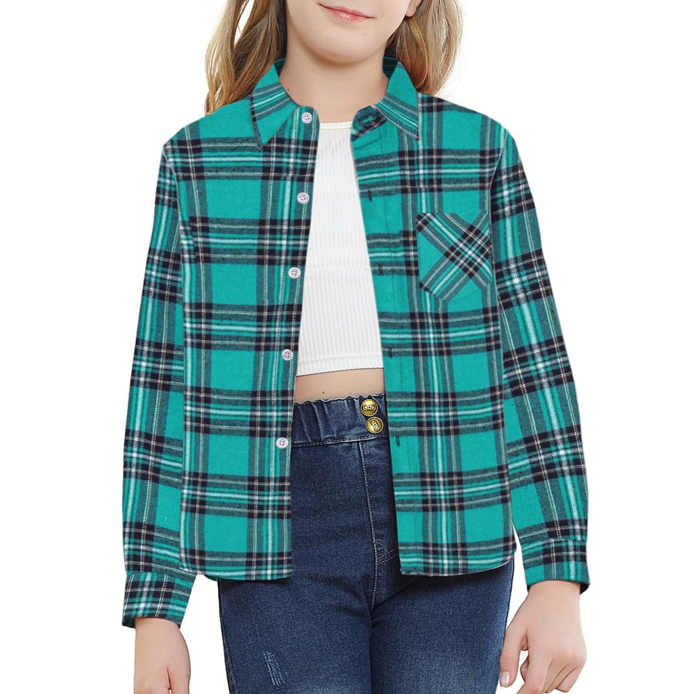 SANGTREE Girls' Long Sleeves Button Down Plaid Flannel Shirt Blouse for Children Little and Big Girls, Sea Blue Plaid, 8-9 Years = Tag 150