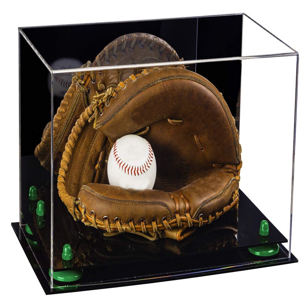 Better Display Cases Acrylic Baseball Catchers Glove Display Case with Mirror and Green Risers (A011/V16)