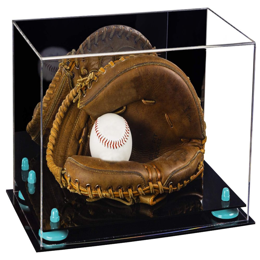 Better Display Cases Acrylic Baseball Catchers Glove Display Case with Mirror and Blue Risers (A011/V16)